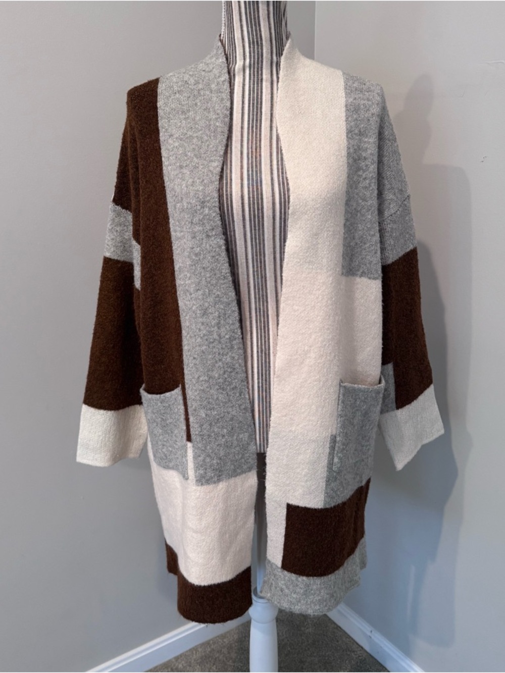 Cozy Co Casual Colorblock Maxi Long Open Front Cardigan w Pockets Sz M/L